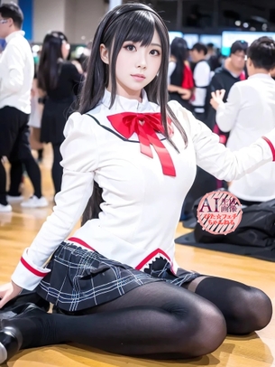 【まどマギ】黒タイツの暁美ほむらちゃんコスプレをしてるコスプレイヤーさんを撮影させてもらった三次風画像【AI写真】