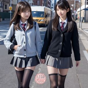 【絶対領域】黒のニーハイソックスやストッキングを履いた女子校生を街撮りした三次盗撮風画像【AI画像】