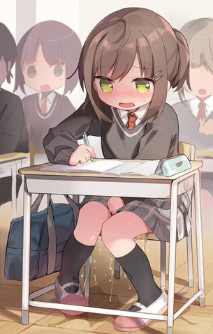 【黒歴史爆誕】学校机に座った状態でオシッコ漏らした女子の二次エロ画像