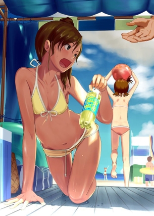 【必死の背伸び】おっぱいがぺったんこなのにビキニ水着着てる二次エロ画像