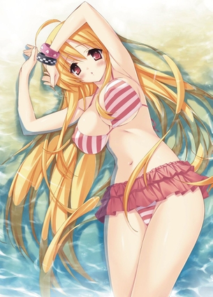 【二次エロ画像】絶対に零れるはず！サイズおかしすぎな水着姿の巨乳美少女www