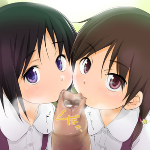 【ダブルフェラ】2人の女の子が両サイドからチンコを責める二次エロ画像