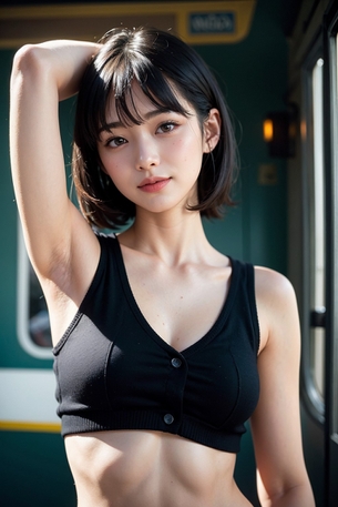 【AI腋フェチ画像】レトロな駅で腋を見せるAIお姉さん [AI Generated]