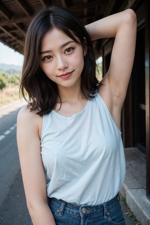 【AI腋フェチ画像】青いシャツを着たAI美女の腋 [AI Generated]