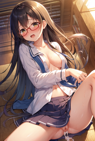 【AI】黒髪眼鏡っ子と図書館で隠れてやらしい事してる二次エロ画像 - Hentai-AI 二次エロ画像サイト [AI Generated]
