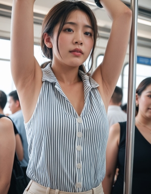 【AI腋フェチ画像】電車の中で腋を見せるAI美女 [AI Generated]