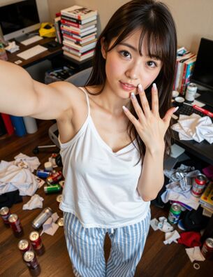 【AI腋フェチ画像】散らかった部屋でも腋を見せてくれるAI美女 [AI Generated]