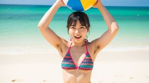 【AI腋毛画像】砂浜でビーチボールを掲げると腋毛が見える [AI Generated]