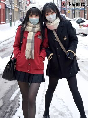 【黒ストJK】雪の街を登下校する女子校生ちゃんは黒タイツで防寒できてえらい三次風街撮り画像 part3【AI画像】