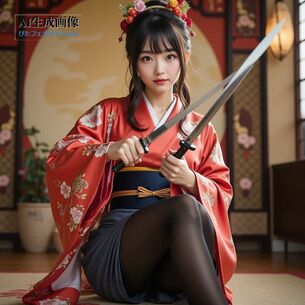 【武装】黒タイツや黒パンストを履いた和服美少女が近接武器を持っている三次風画像【AI画像】