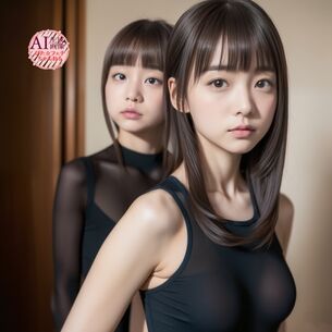 【黒ぴち】黒い生地のフィット感や透け感がフェチいトップスやインナーを着た女性の三次風画像【AI画像】