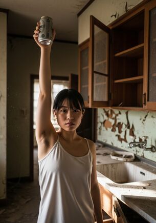【AI腋フェチ画像】廃墟のキッチンで缶ビールを掲げるAI美女の腋 [AI Generated]