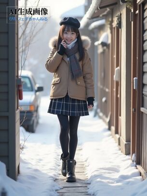 【街撮り】雪の街で撮影された黒タイツ黒パンスト女子画像【AI画像】
