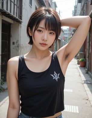 【AI腋毛画像】タンクトップと腋毛の街角AI美女画像をもういちど作った [AI Generated]