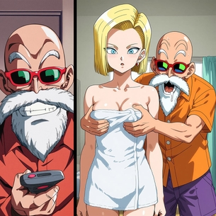 【ドラゴンボール・エロ画像】エロ仙人の停止装置！身動きできない18号がカラダ中舐め回されてイカされまくる…！