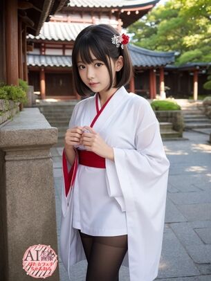 【黒スト】紅白色で巫女感ある和服に黒パンストや黒タイツがよく似合う和装女子の三次風画像【AI画像】