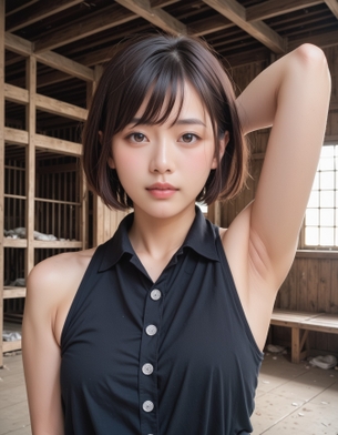 【AI腋フェチ画像】ノースリーブで腕を上げて腋を見せるAI美女 [AI Generated]