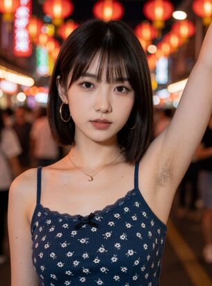 【AI腋毛画像】お祭りの夜のような背景と腋毛のAI美女 [AI Generated]