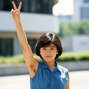【AI腋毛画像】1980年代の女性にカメラを向ければピースしてくれますね [AI Generated]