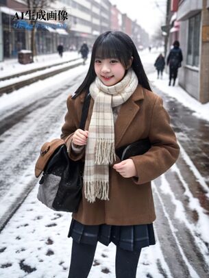 【黒ストJK】雪の街を登下校する女子校生ちゃんは黒タイツで防寒できてえらい三次風街撮り画像【AI画像】