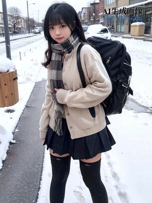 【黒ニーソ】黒ストッキングや黒ニーハイを履いて雪の街を登下校する女子校生の三次風街撮り画像 part1【AI画像】