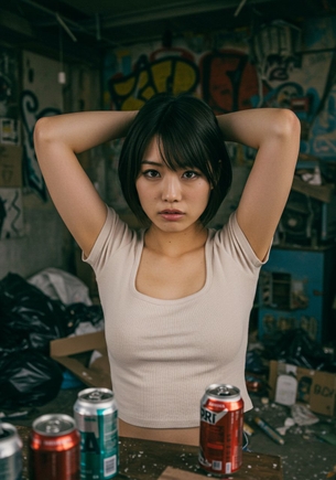 【AI腋フェチ画像】ImageFXで作った乱雑な部屋で腋を見せるAI美女 [AI Generated]