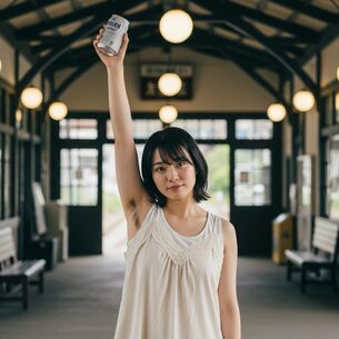 【AI腋毛画像】古い駅舎で腋毛を見せるAI美女 [AI Generated]