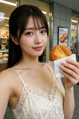 【AI腋毛画像】お菓子のようなものを持って自撮りするAI腋毛美女 [AI Generated]