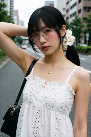 【AI腋フェチ画像】白いワンピースのメガネAI美女の腋を見る [AI Generated]