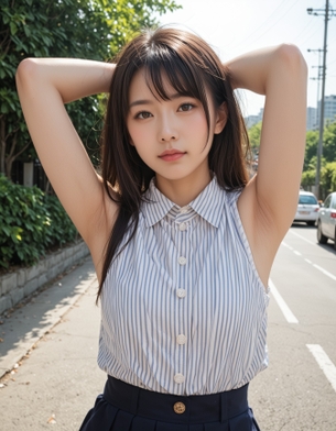 【AI腋フェチ画像】ストライプシャツのAIお姉さんが公園で腋を見せる [AI Generated]