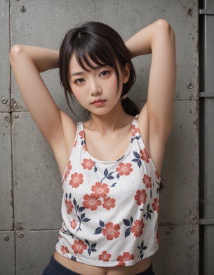 【AI腋フェチ画像】花柄シャツで腋を見せるAI美女 [AI Generated]