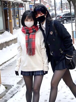 【黒ストJK】雪の街を登下校する女子校生ちゃんは黒タイツで防寒できてえらい三次風街撮り画像 part5【AI画像】
