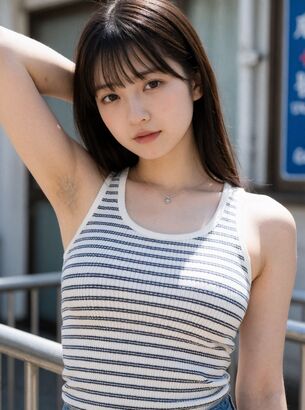 【AI腋毛画像】ボーダーのタンクトップのAI美女の腋毛 [AI Generated]