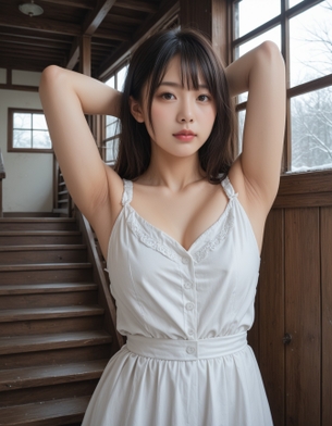 【AI腋フェチ画像】廃屋で白いドレスのAI美女が腋を見せる [AI Generated]