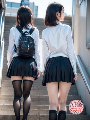 【JK】階段を上ってる女子校生ちゃんを後ろから撮った三次盗撮風画像 ニーハイソックス編【AI写真】