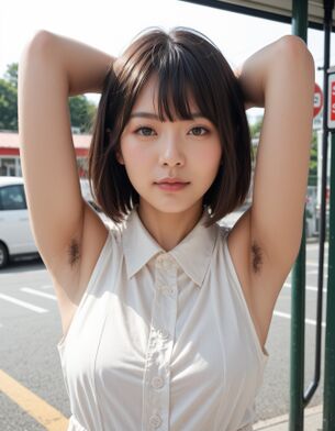 【AI腋毛画像】バス停で腋毛を見せるAI美女 [AI Generated]