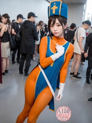 【全身タイツ】ドラクエ3の女僧侶ちゃんのコスプレをしてるコスプレイヤーさんの三次風画像【AI写真】