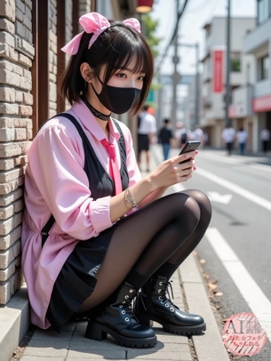 【黒スト】道端に腰を下ろしてる地雷系黒タイツ女子の三次風画像【AI写真】