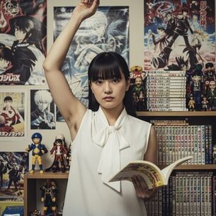 【AI腋毛画像】1980年代のオタク部屋で腋毛を見せてくれたAI女性 [AI Generated]