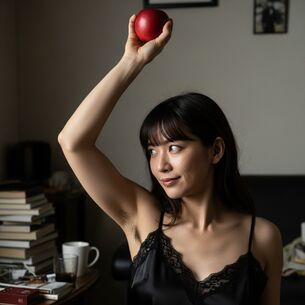 【AI腋フェチ画像】リンゴを掲げるAI美女の腋が見える [AI Generated]