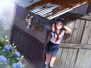 【突然の熱い夕立に】雨宿りしてる透けブラ女子高生の二次エロ画像