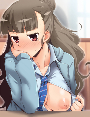 【二次エロ】人前でバレないようにおっぱいを出しているおっぱいチャレンジエロ画像