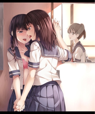 【女子校あるある】学校内でレズってるJKカップルの二次エロ画像