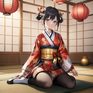 【画像生成AI】裾が短い和服姿で黒タイツを履いた女の子の二次AI画像