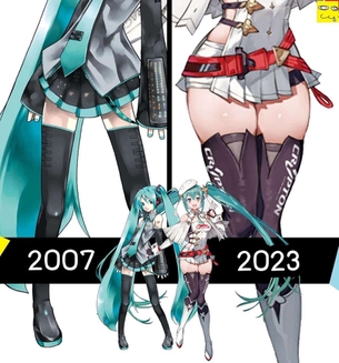 【悲報】初音ミクさん、太ももが16年で3倍くらいの太さになる