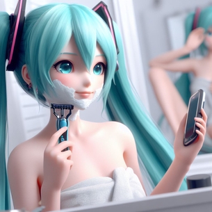 ?「初音ミクさんがバスタオル姿で剃刀持って腋毛処理してる絵描いて」?「ほいよ」