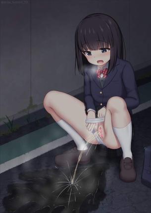 パンツを横にずらしておしっこしちゃってるズボラ系女子の放尿二次エロ画像w