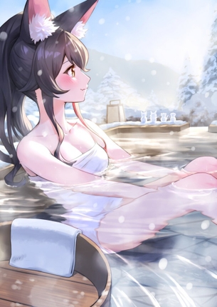 【温泉】露天風呂に浸かってポカポカ暖かそうな女の子の二次画像