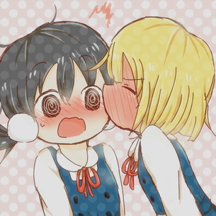 女同士で唇やほっぺにチューしてる二次元百合キスエロ画像