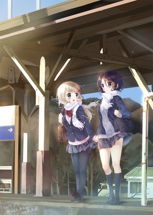 綺麗な背景の中に黒タイツを履いた女の子がいる画像